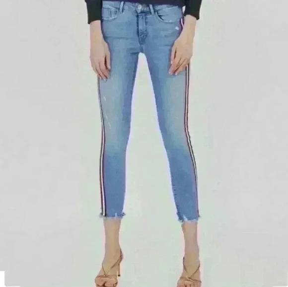 Zara Racer Stripe Frayed Raw Hem Jeans E12 - Picture 1 of 7